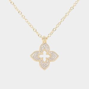 Gold Quatrefoil Clover CZ Pendant Necklace Chain Casual Paved Crystal Jewelry